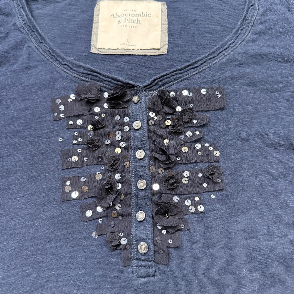 Vintage Abercrombie & Fitch Henley Shirt Womens L Blue Long Sleeve Ribbed Top - Picture 3 of 6